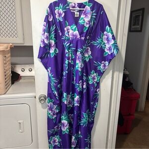 Vintage Royal Creations Hawaiian Caftan Maxi Dress Purple Green Floral Print OS
